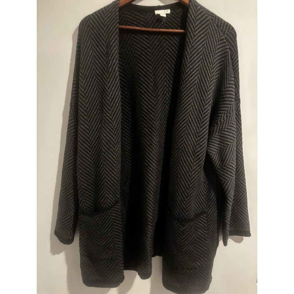 J. Jill Cardigan Sweater Womens Open Front Wool Blend Black Herringbone Small